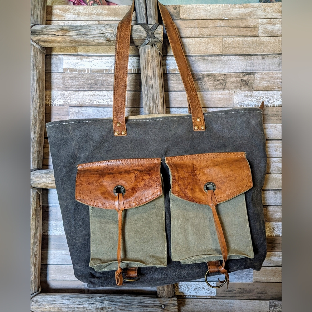 Mona B Upcycled Canvas/Leather Large Handbag